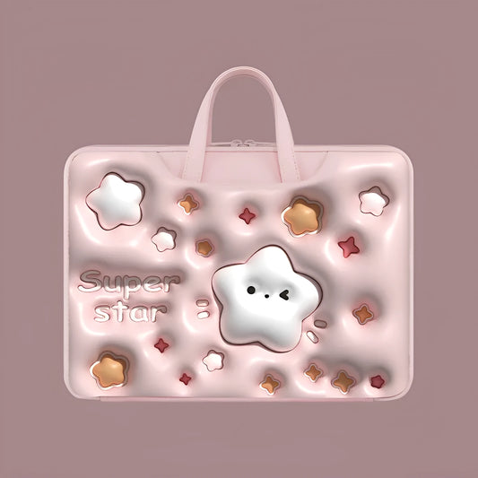 PU leather inflatable laptop bag with strap, shown in a cartoon pattern design, hanging from a suitcase handle.