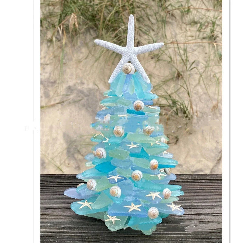 Blue PVC Christmas tree decoration with ocean-themed design, 15cm in height