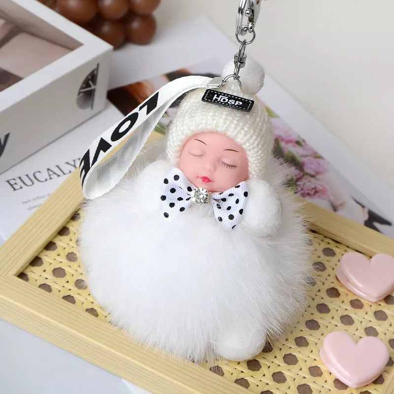 Hand-woven fox fur sleeping doll keychain pendant with optional bow