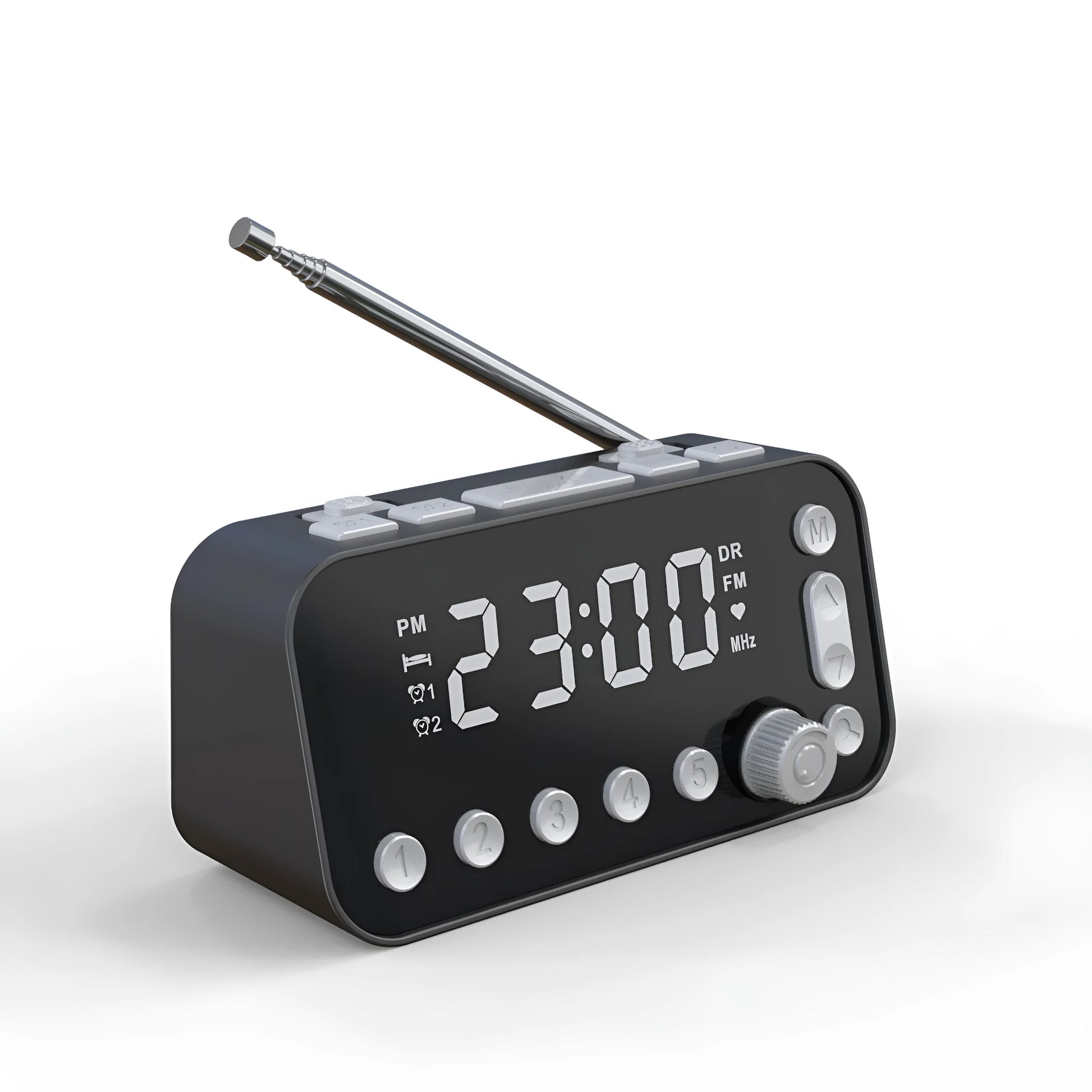 Black DAB FM digital radio alarm clock with LED display, control buttons, and two USB ports on the side.