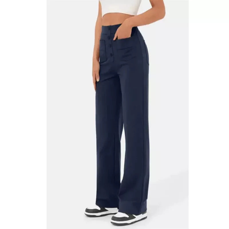 Women's high waist trousers in casual loose fit with pockets, available in multiple colors
