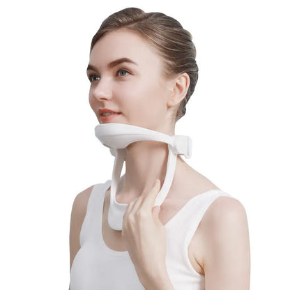 White PP material neck brace showing forward support design for cervical spine alignment
