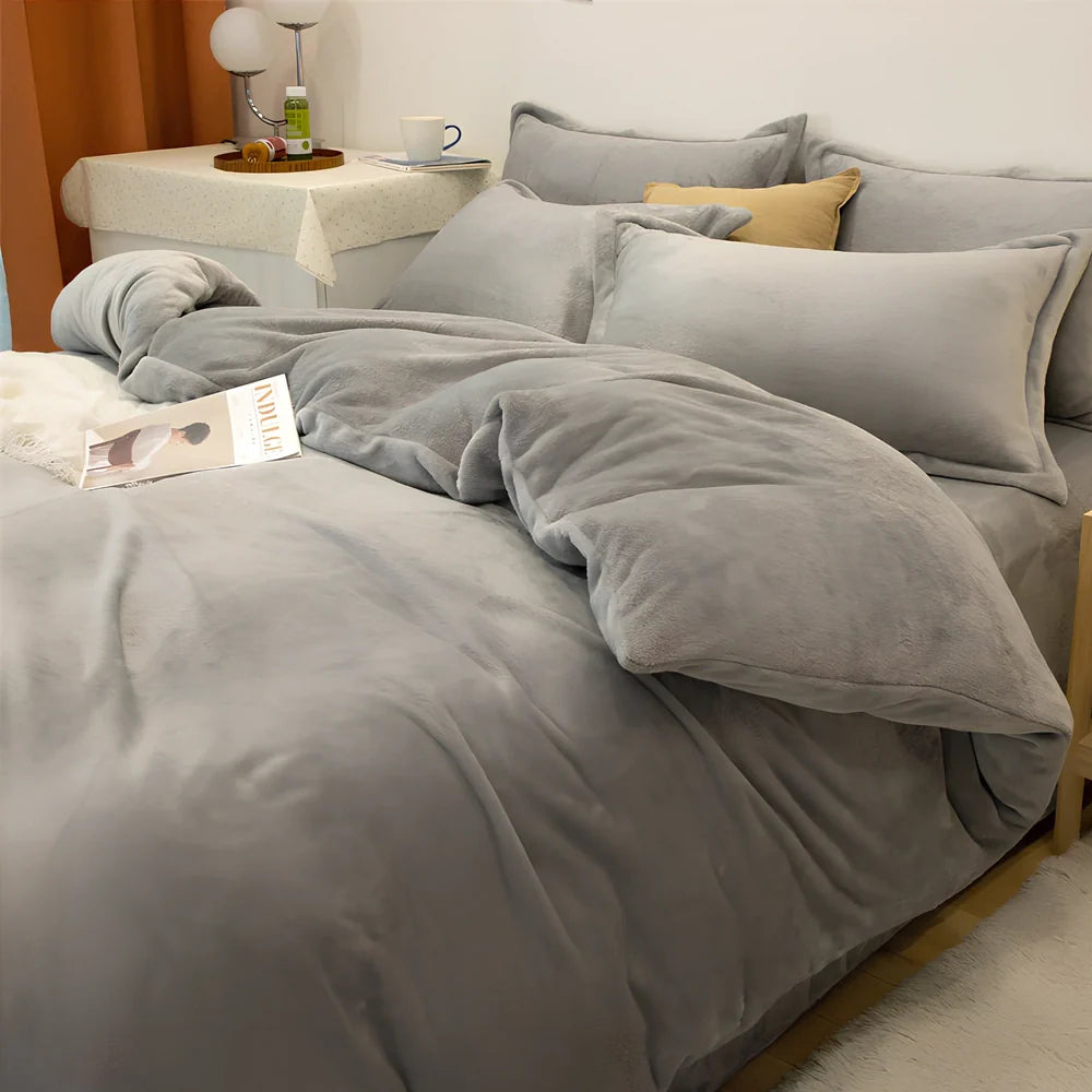 Double-sided fleece duvet cover showing goose yellow and light grey reversible sides