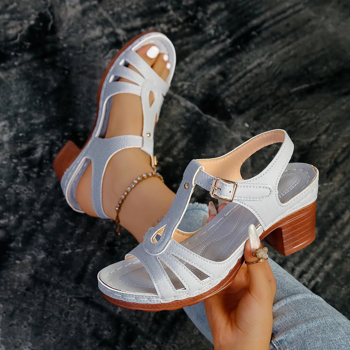 Women's black peep toe wedge platform sandals showing fish mouth toe design and ankle buckle strap