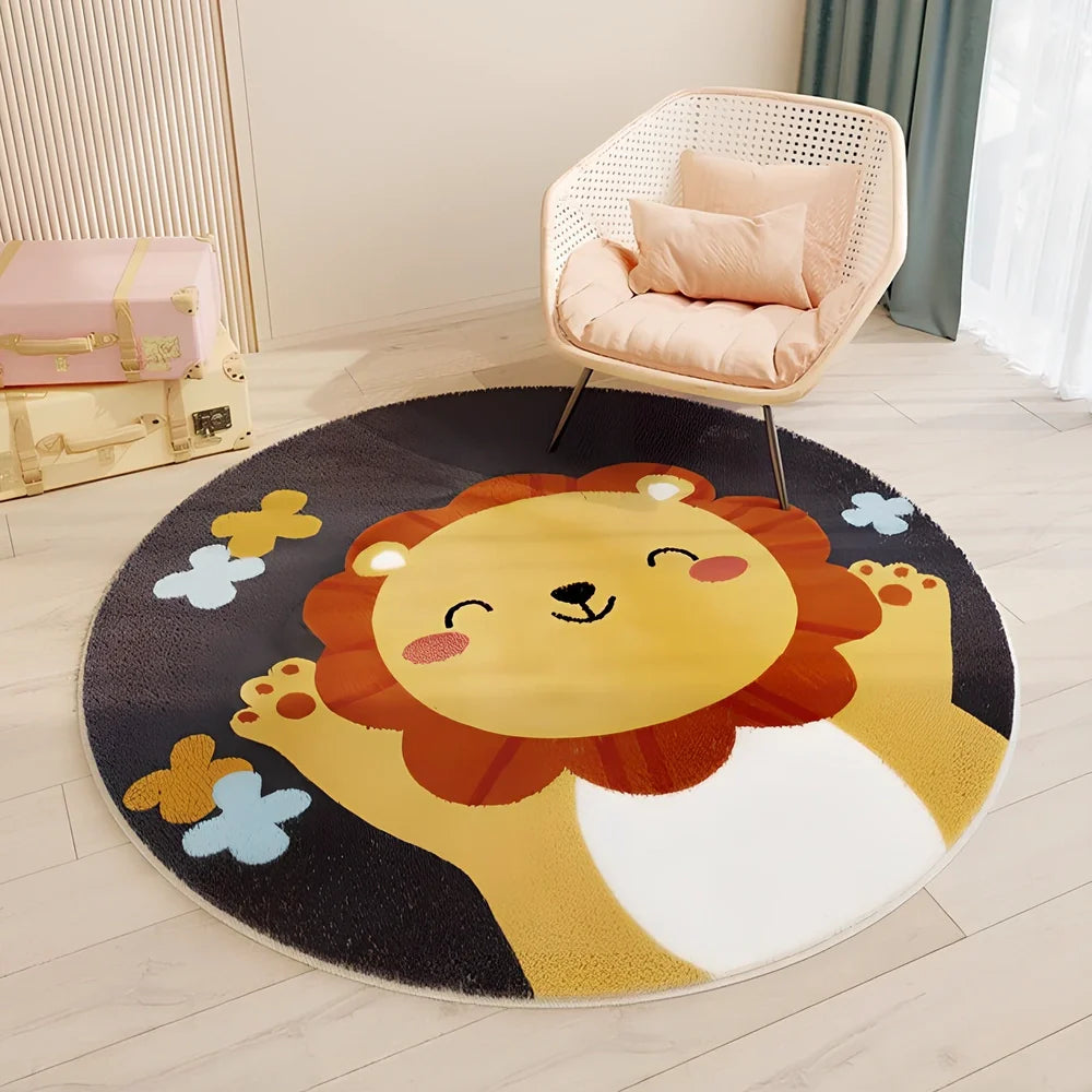 Circular children's polyester rug with animal character design, measuring 120cm diameter with soft pile surface