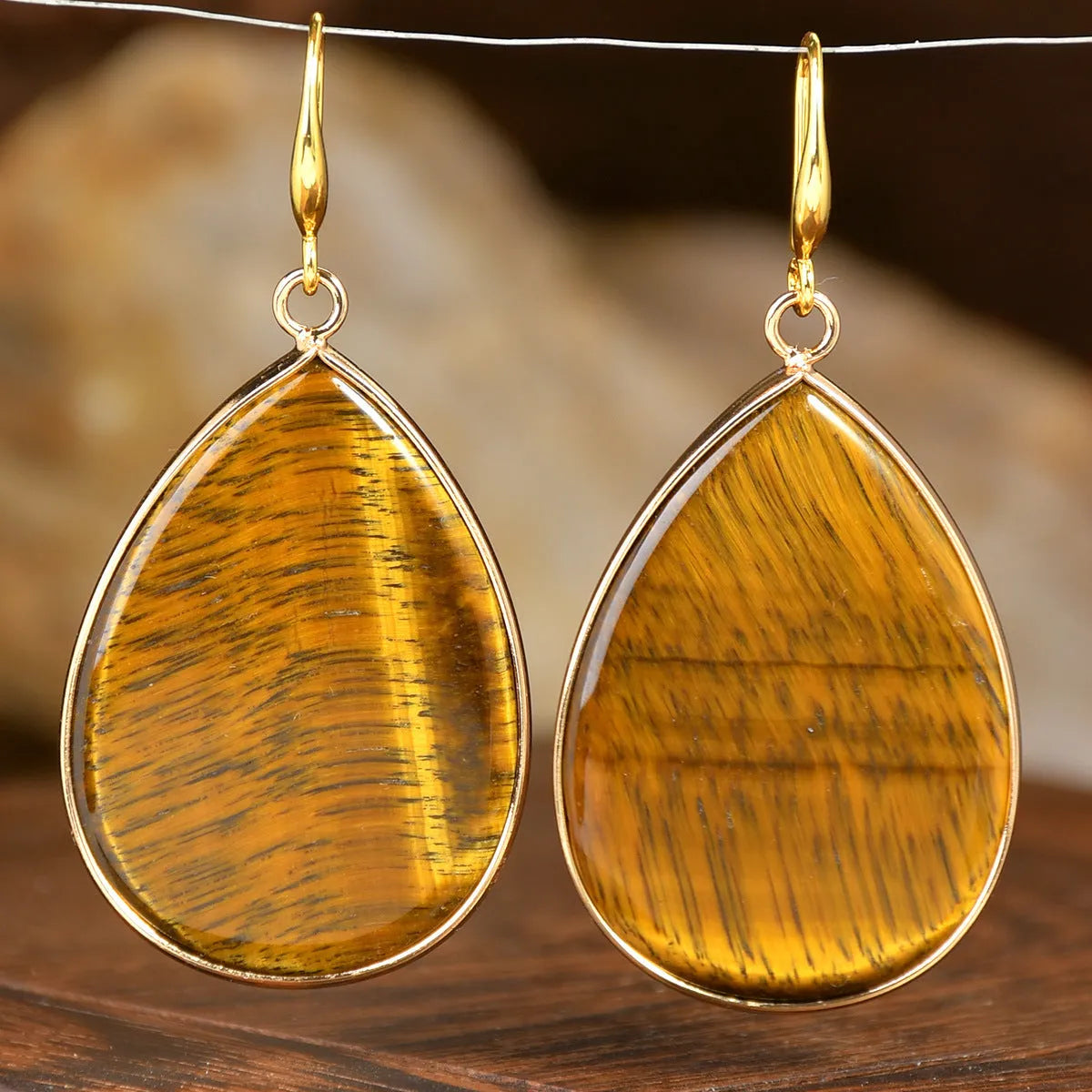 Women's retro natural stone drop earrings showing amethyst and green aventurine colour options on electroplated settings.