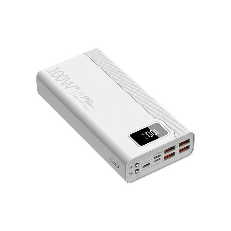 Black or white large capacity power bank showing its portable size and charging port.