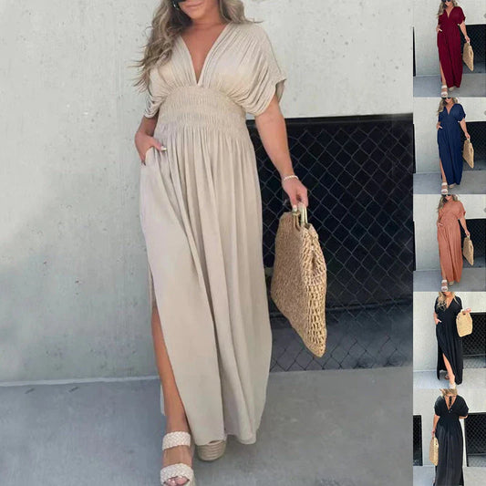 Stylish bat-sleeve v-neck slit dress in a variety of colors, including khaki, black, wine red, dark blue, and caramel
