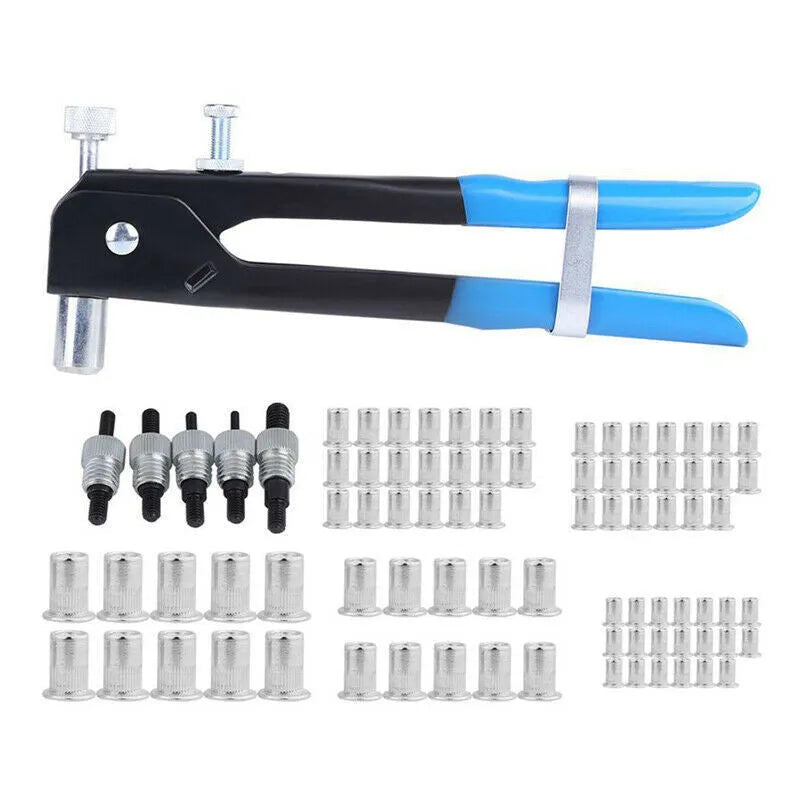Manual riveter nut set with alloy steel construction showing nut gun design for tool-free fastening