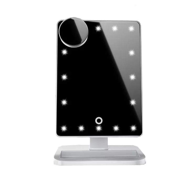 Touch screen makeup mirror with LED lights and Bluetooth speaker in black, white, champagne, and rose gold