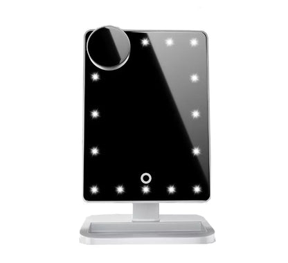 Touch screen makeup mirror with LED lights and Bluetooth speaker in black, white, champagne, and rose gold