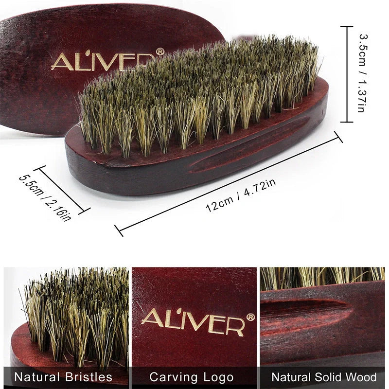 Men's beard grooming set with wooden brush, metal comb, and scissors