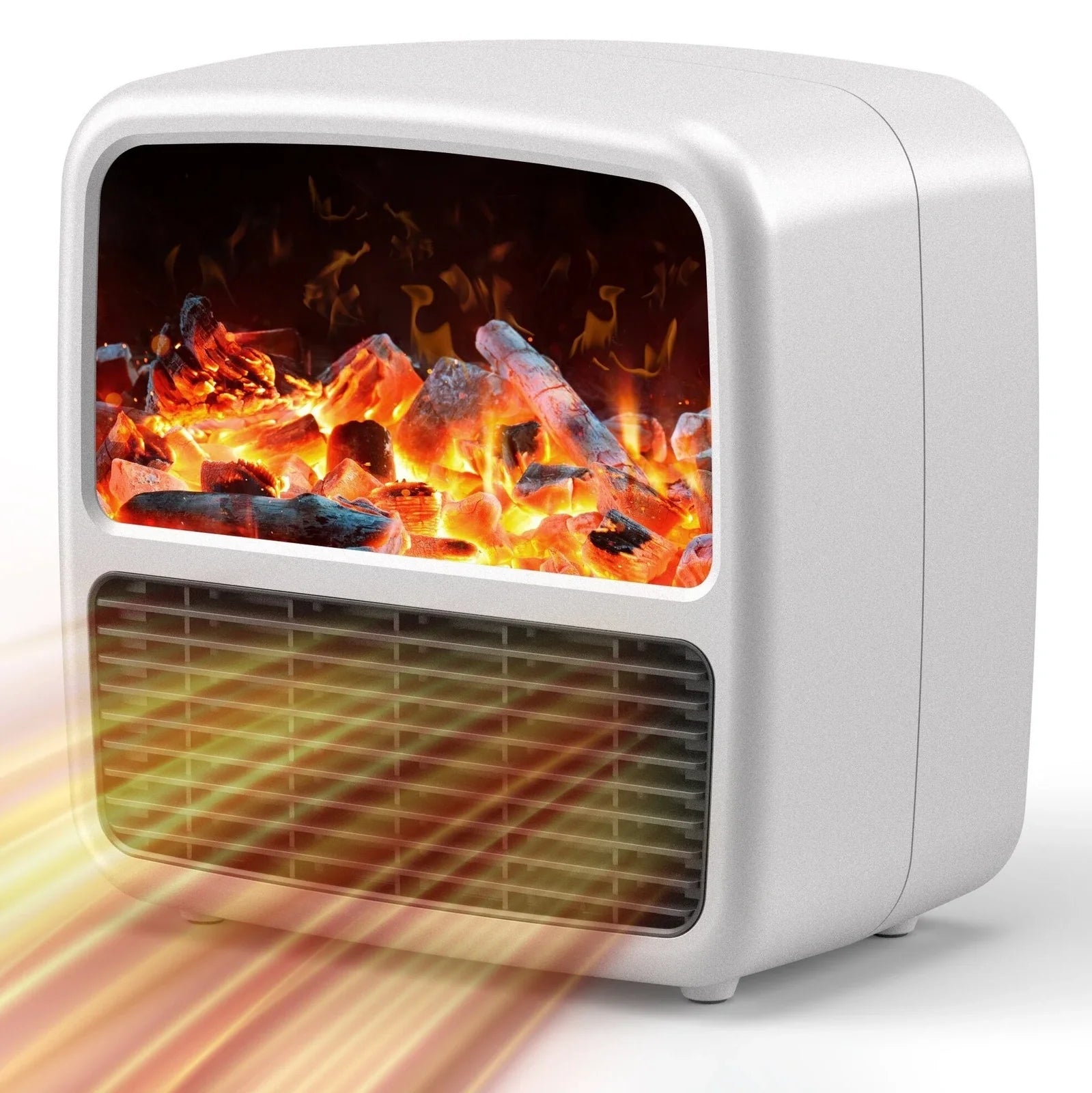 Black desktop electric space heater with ceramic heating element and mechanical controls measuring 22cm square