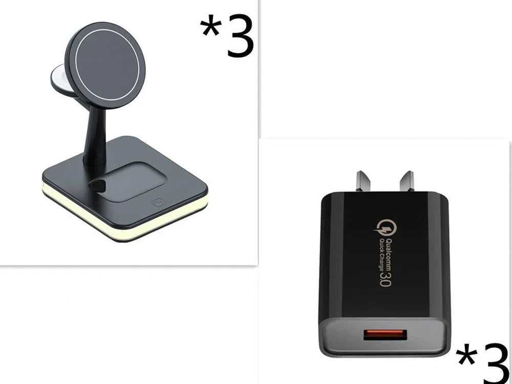Black three-in-one wireless charger magnetic bracket on a desk charging multiple devices