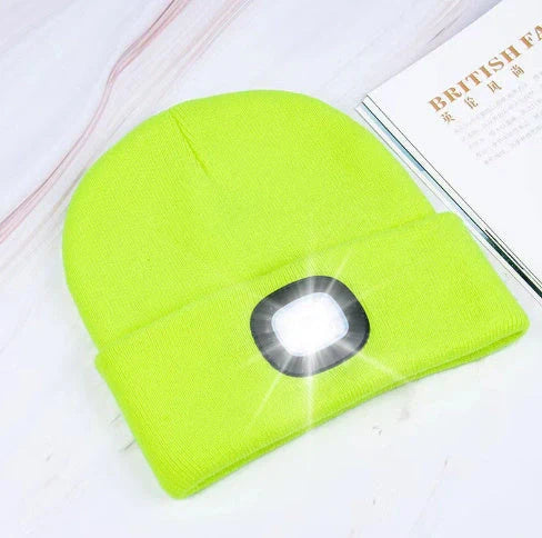 LED knit hat with glowing light for nighttime visibility and warmth