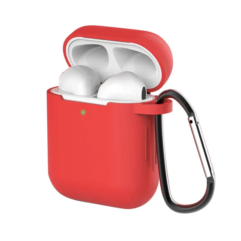 Liquid silicone protective clamshell case for Apple AirPods, shown in multiple colours on a white background.