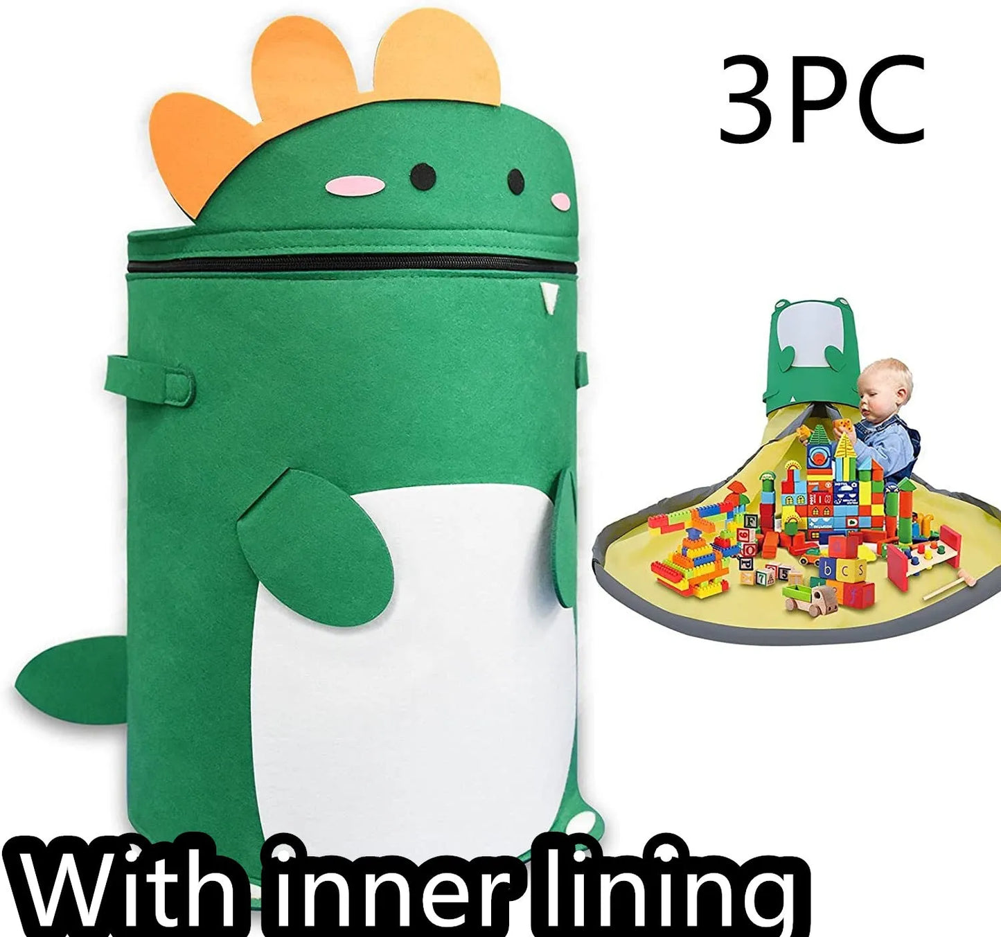 Green felt storage cube with pull rope unfolded into a large square play mat on a wooden floor.