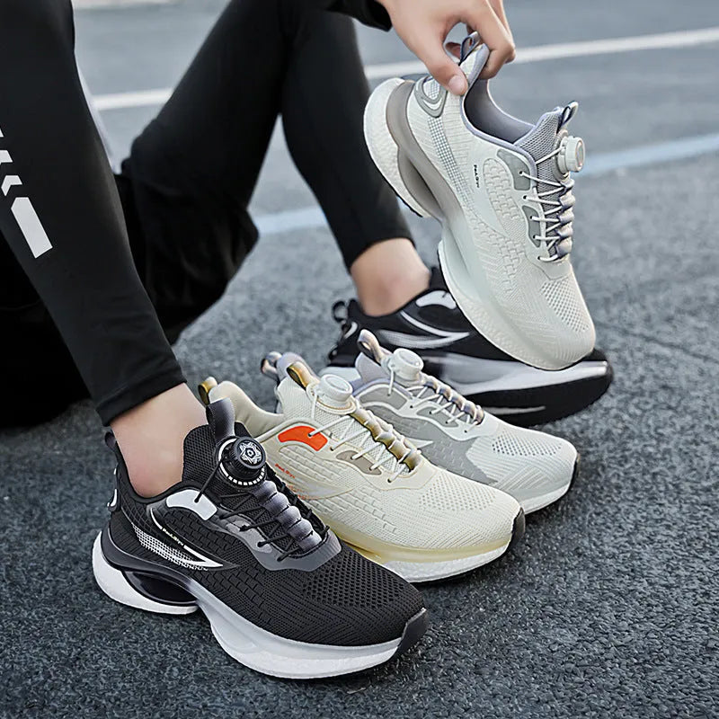 Men's low-top white running shoe with a rotating buckle closure and mesh upper.