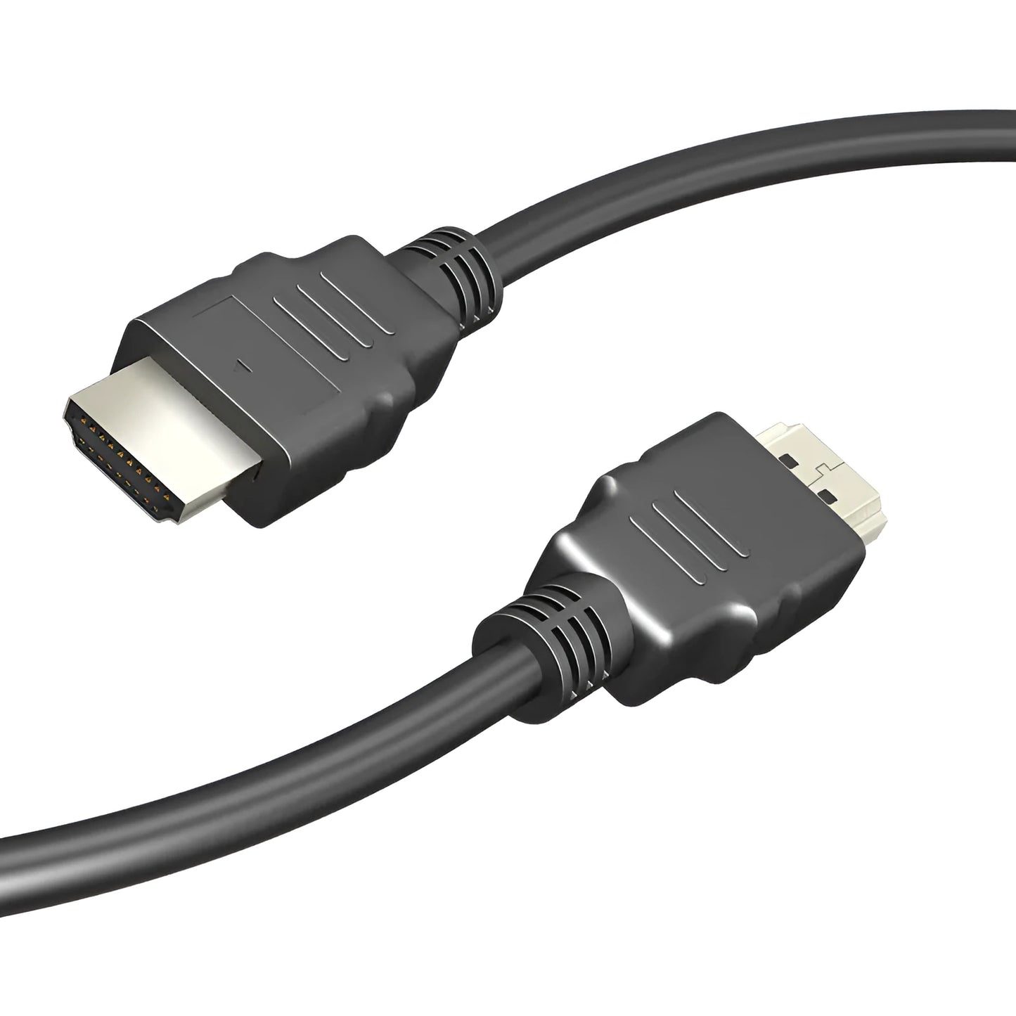 Black HDMI cable with nickel-plated Type A connectors on a white background.