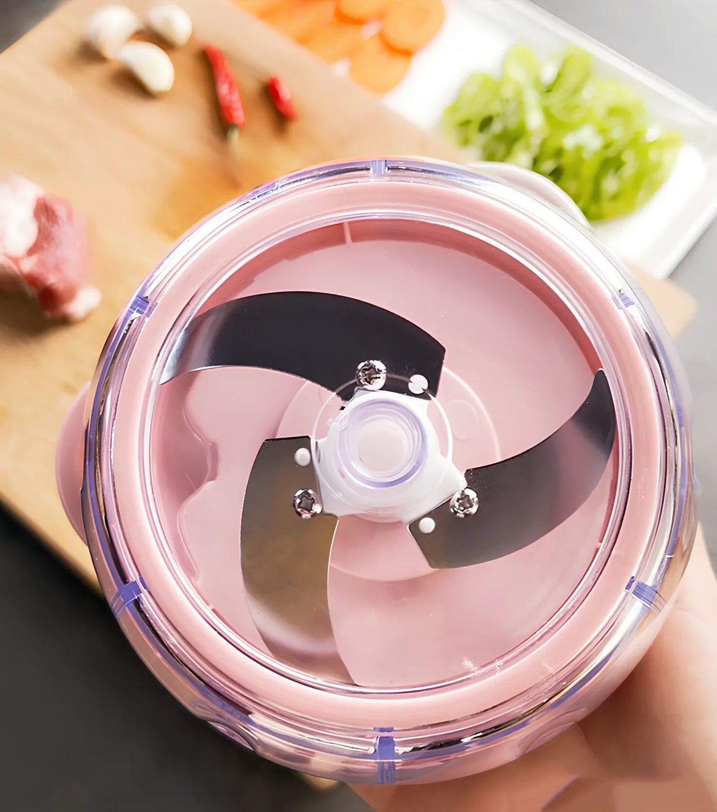 Compact home ginger garlic blender with 400ml bowl and 3 stainless steel blades for quick kitchen prep