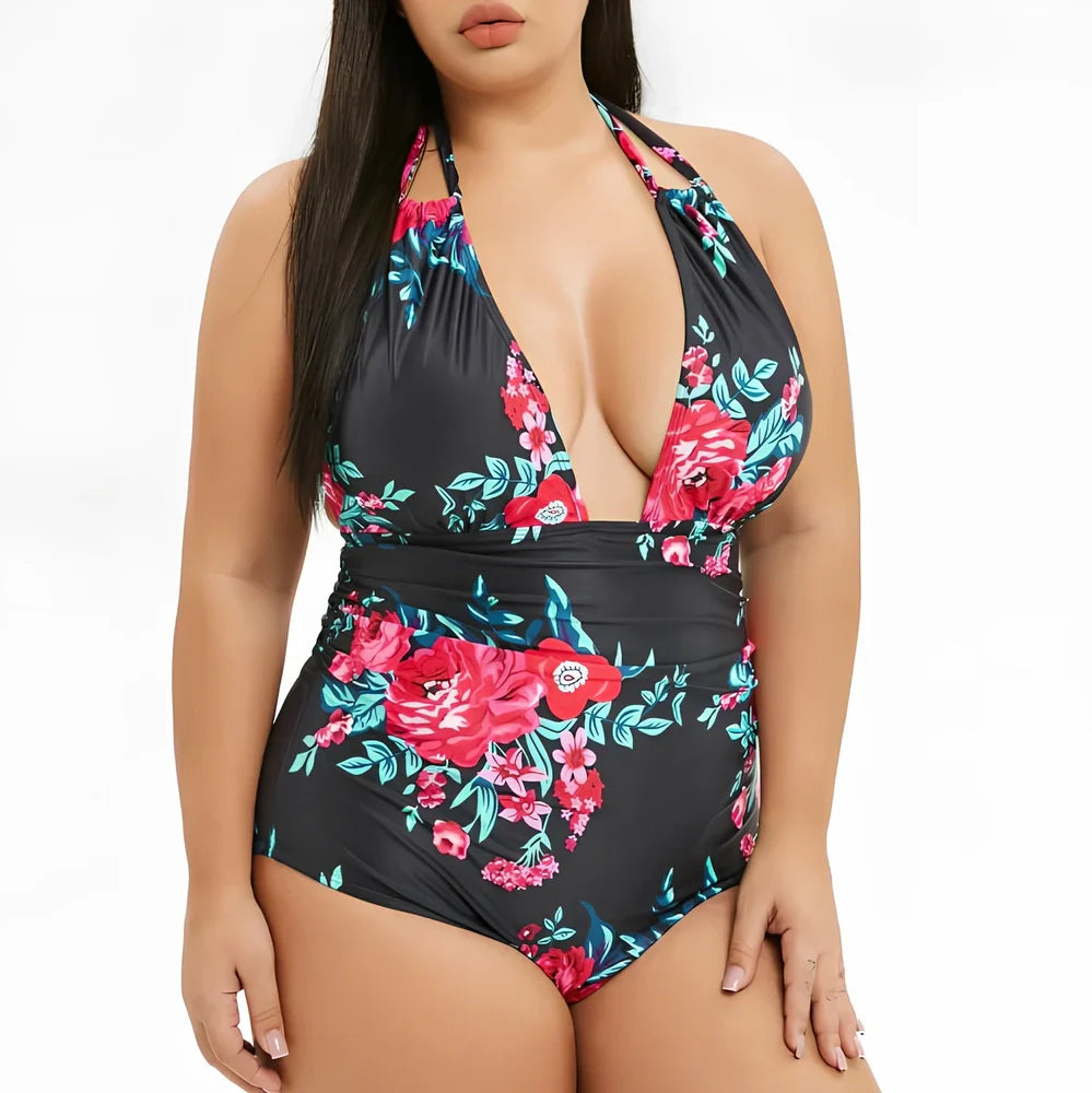 Black printed one-piece swimsuit with V-neck and adjustable straps, sizes XL to 5XL