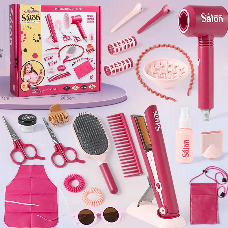 Children's plastic hair salon toy set with hair dryer and curler pieces for role-play