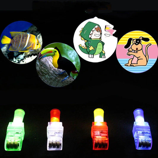 LED Finger Light Ring with colorful beams and cartoon projections for kids