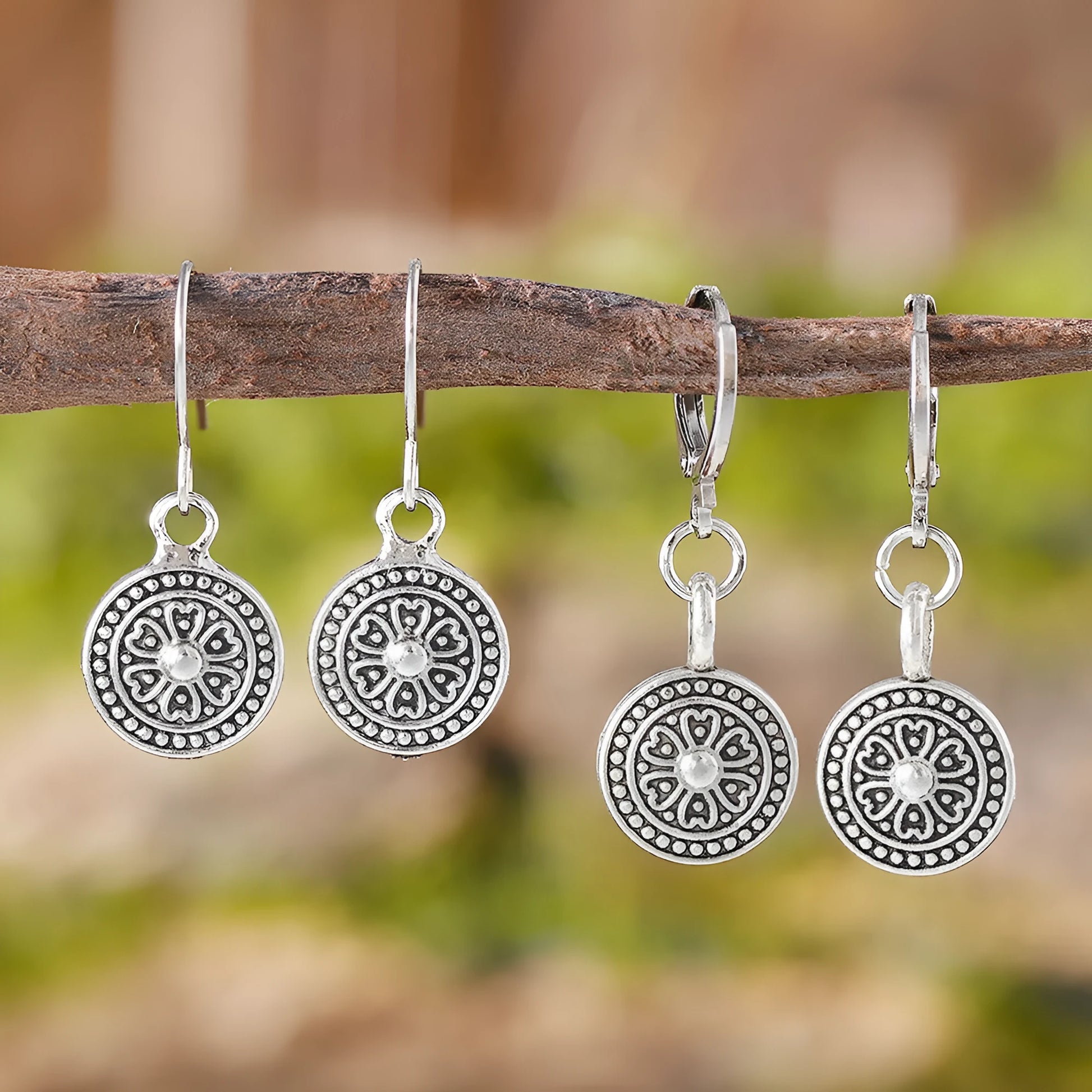 Geometric zinc alloy earrings with distressed ethnic print in retro bohemian style