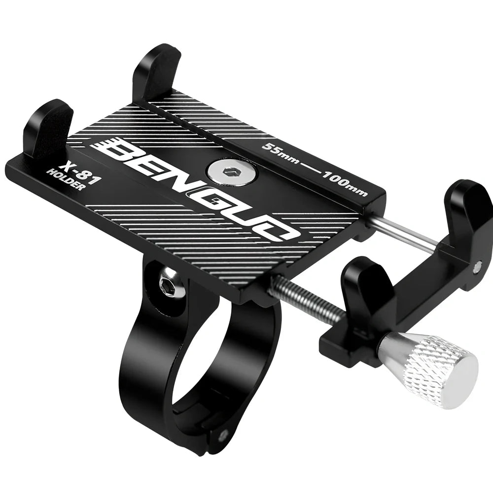 Black aluminium bicycle handlebar phone holder showing adjustable length and four-corner grip system