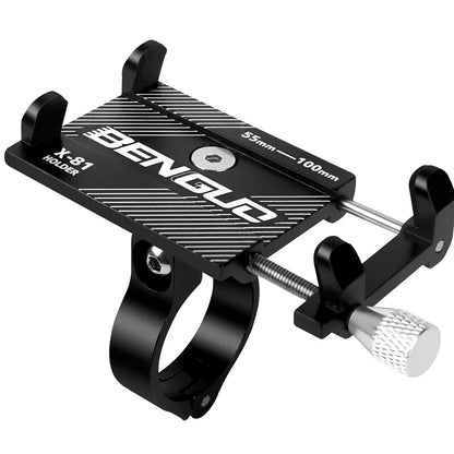 Black aluminium bicycle handlebar phone holder showing adjustable length and four-corner grip system