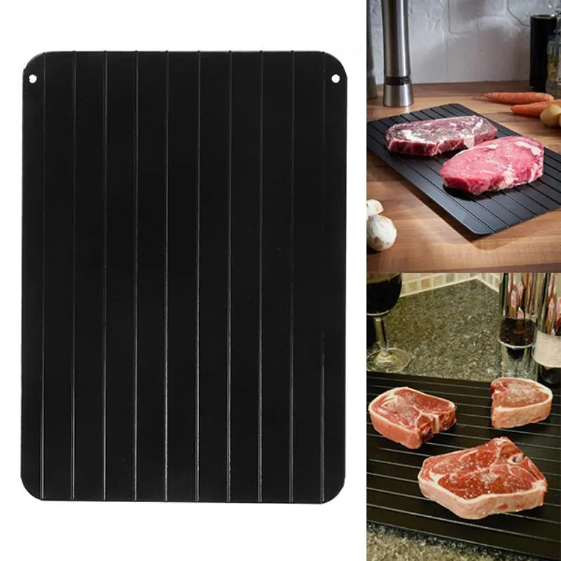 Fast defrosting tray aluminium thaw plate for kitchen use available in six sizes from 23x16.5cm to 35.5x20.5cm with thermal conductive construction that requires no electricity or batteries.