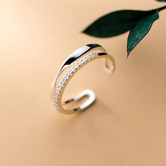 Adjustable twisted double-row silver ring with unique Korean-inspired design