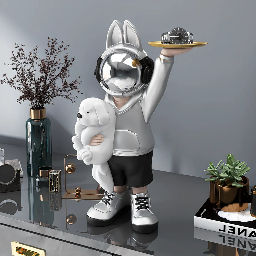 Glass steel astronaut rabbit sculpture with carving details in modern cartoon style