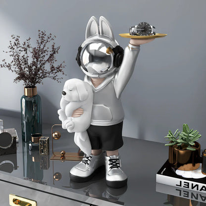 Glass steel astronaut rabbit sculpture with carving details in modern cartoon style