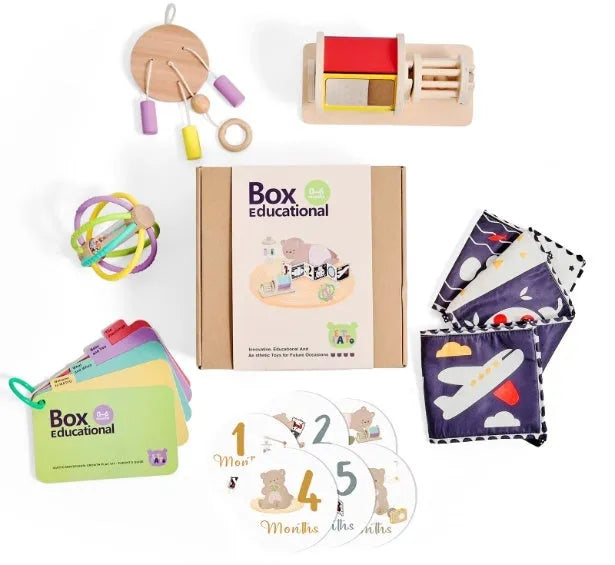 Montessori rattle toy set with black and white cards and ball chime in a colour box for babies 0-18 months