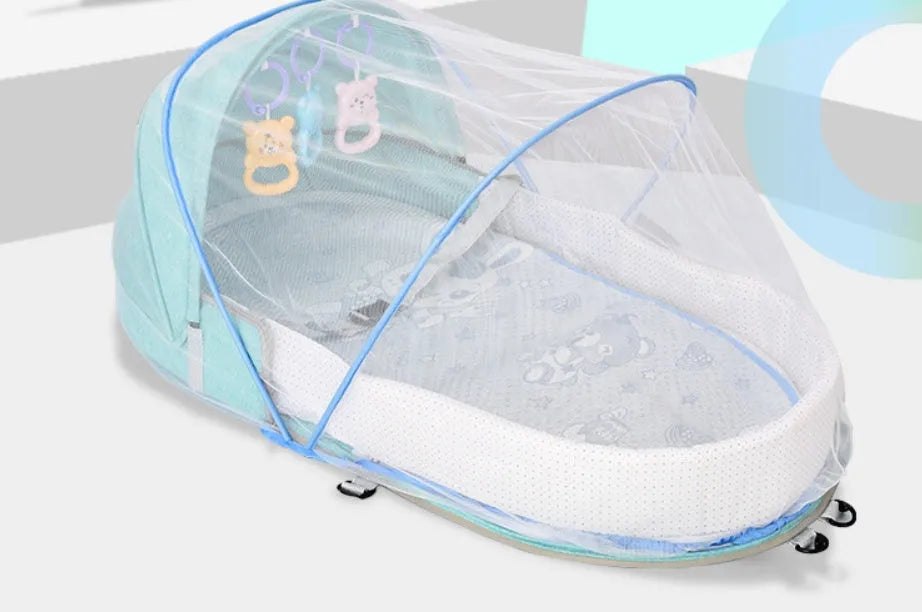 Portable foldable baby bed with mosquito net, cotton linen fabric, unfolded 88x45x12.5cm