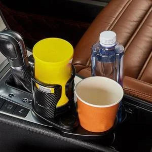 Versatile car organizer with rotating cup holder for storing coffee, sunglasses, and other everyday items in vehicle