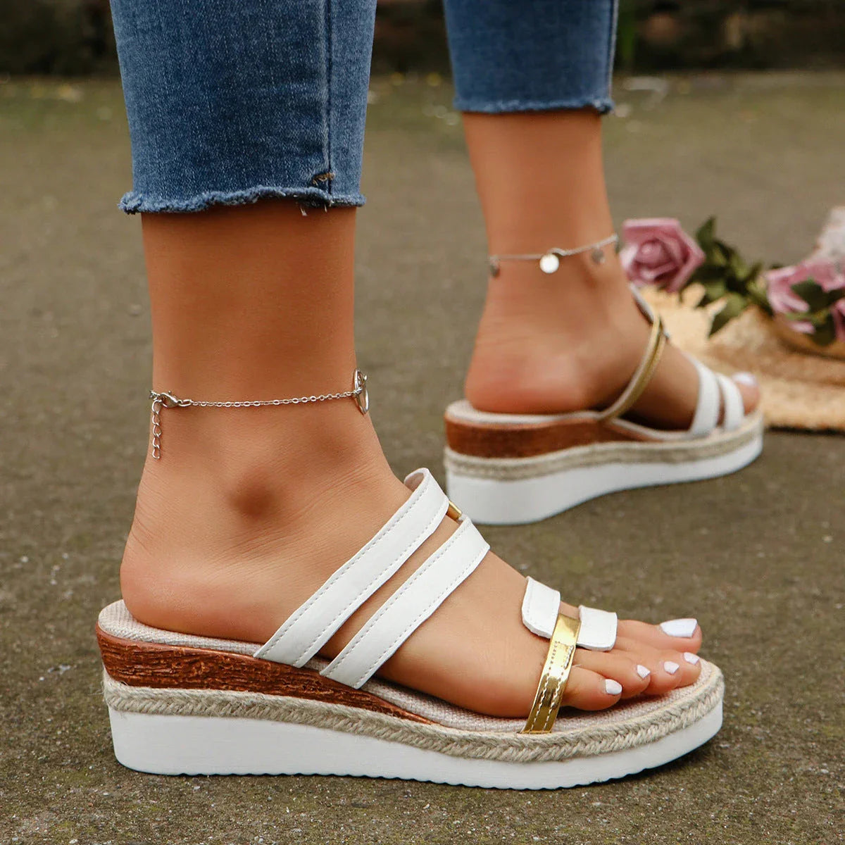 Stylish color-blocked wedge sandals for women in various colors and sizes