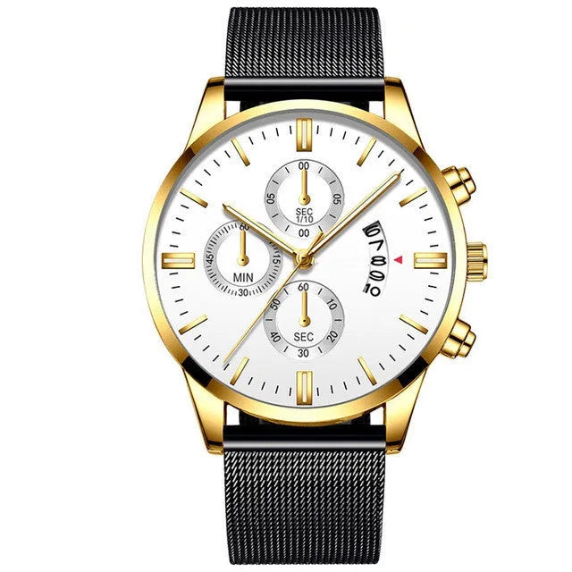 Men's stainless steel mesh band quartz watch showing two-tone colour options on a 4.2cm case.