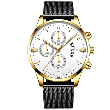 Men's stainless steel mesh band quartz watch showing two-tone colour options on a 4.2cm case.