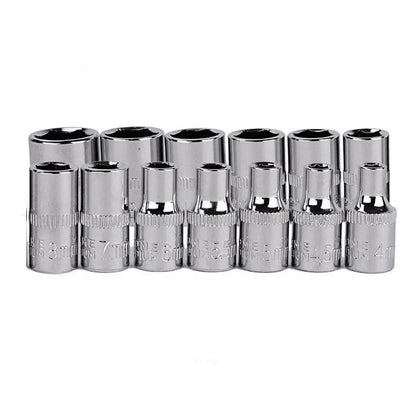 46 piece socket set with red storage box containing chrome vanadium steel sockets and extensions