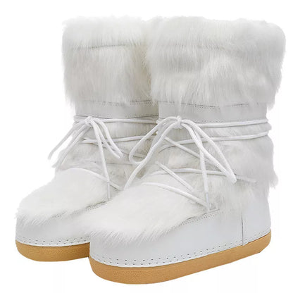 Women's white fleece-lined winter space boots with mid-top design and round toe