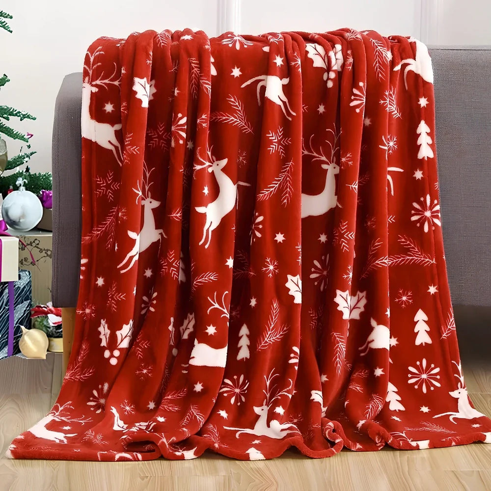 Double-sided flannel Christmas blanket with elk snowman Santa print in four sizes from 75cm to 200cm