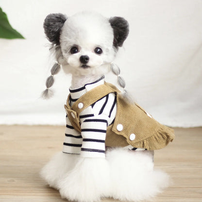 Cotton cartoon dog dress with suspender skirt in brown or white, sizes XXS to XL for small dogs