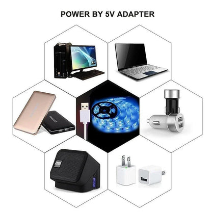 5 metre colour changing LED strip with remote control showing multiple colour options