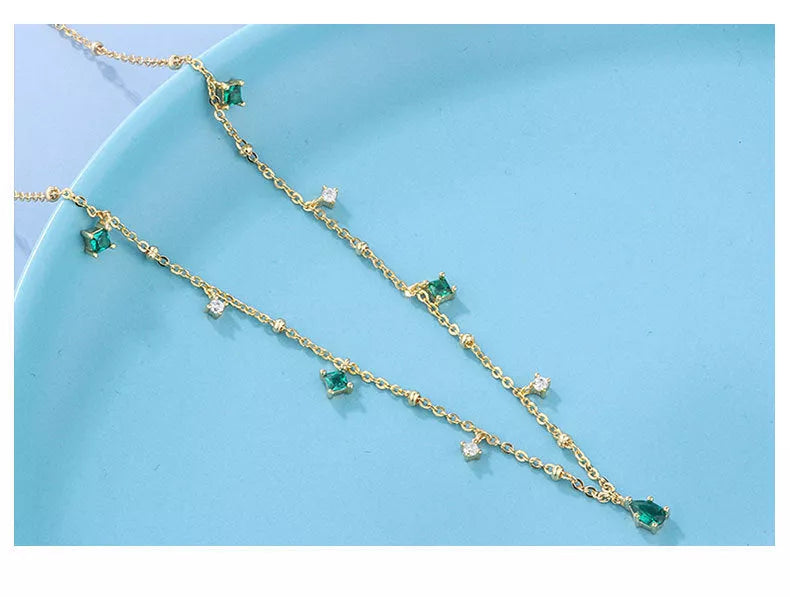 Korean style water drop emerald zircon necklace with sterling silver chain