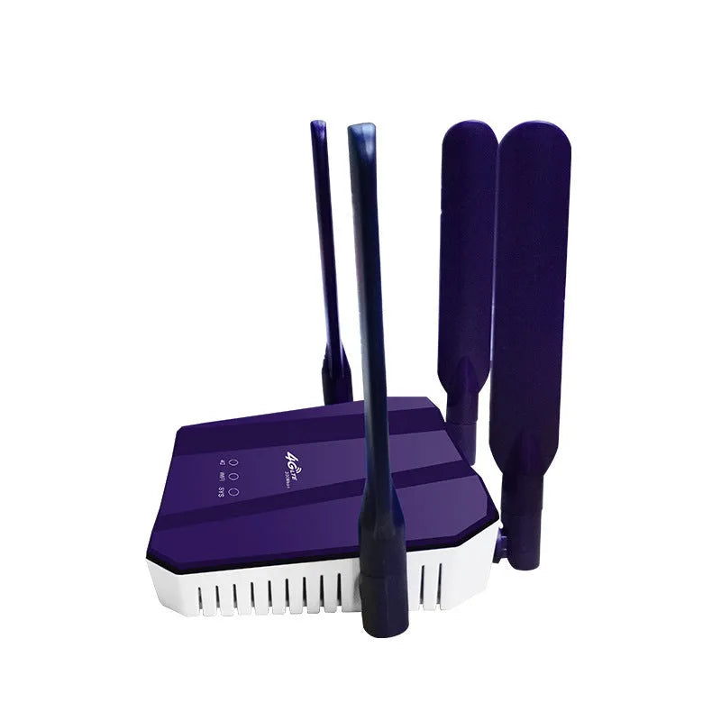 Blue 4G and wired dual-mode router with four antennas, measuring 153x137x21mm, on a desk with Ethernet cable