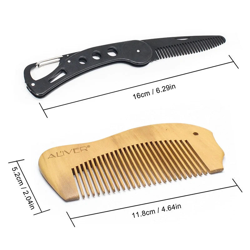 Men's beard grooming set with wooden brush, metal comb, and scissors