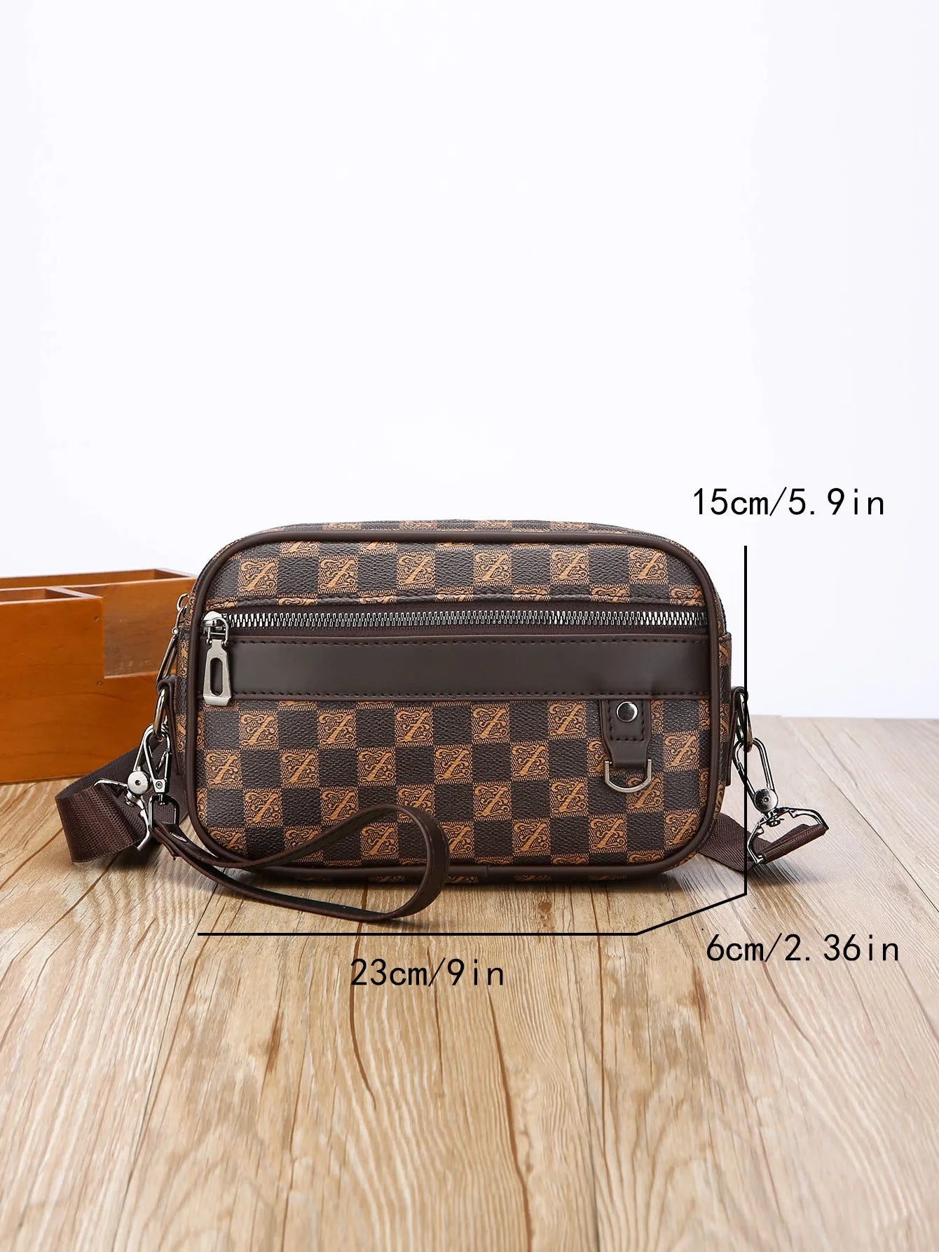 Men's black geometric pattern PU leather messenger bag with handheld horizontal design