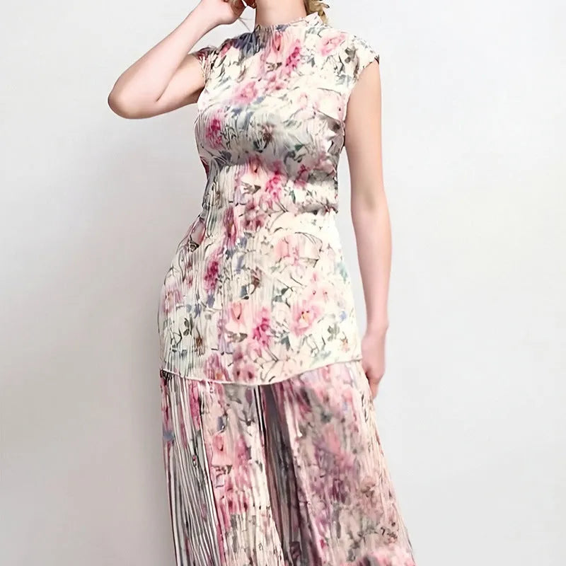 Long Sleeve Printed Chiffon Dress with High Waist: A two-piece set featuring a chiffon skirt and top, available in sizes S to 3XL, with a printed pattern and picture colour variation.